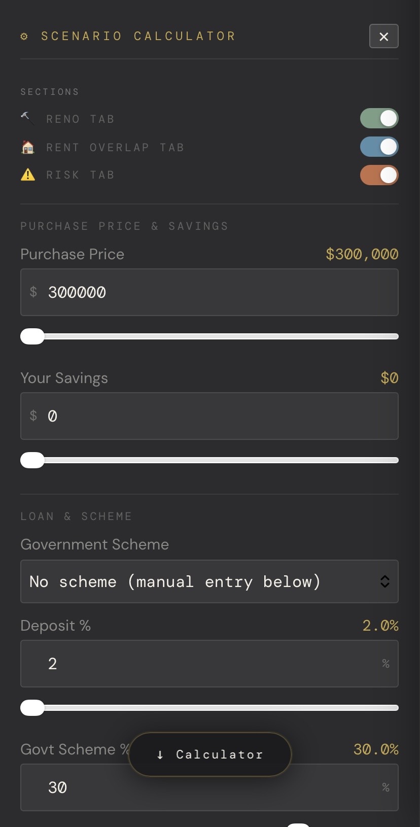 EquitySight mobile — scenario calculator menu with section toggles