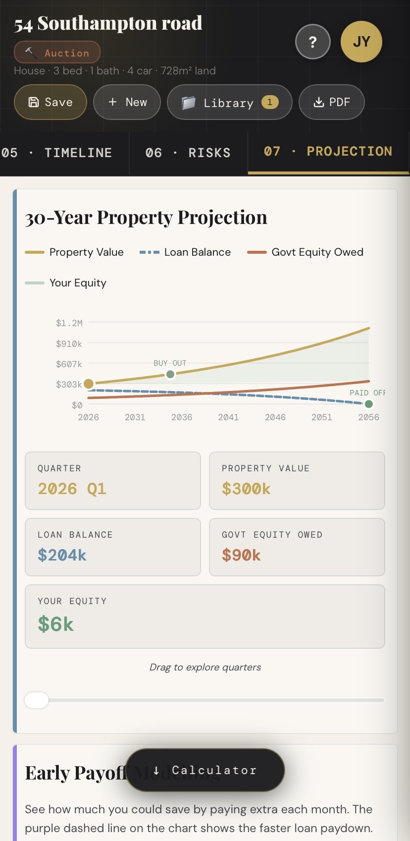 EquitySight mobile — 30-year property projection chart in light mode