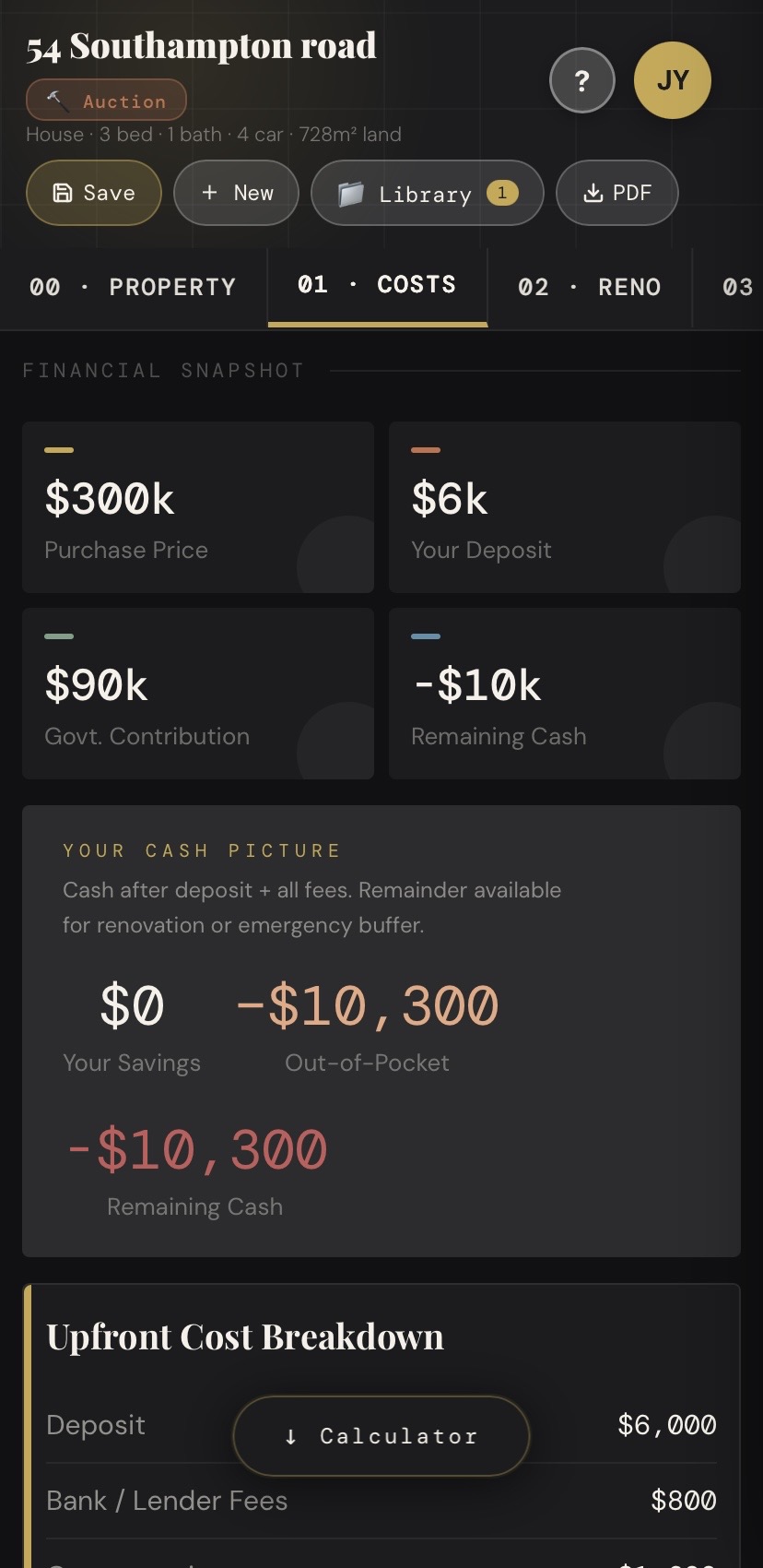 EquitySight mobile — costs tab in dark mode showing financial snapshot and upfront cost breakdown
