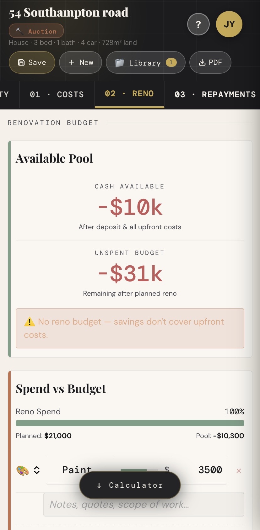 EquitySight mobile — renovation budget tab in light mode