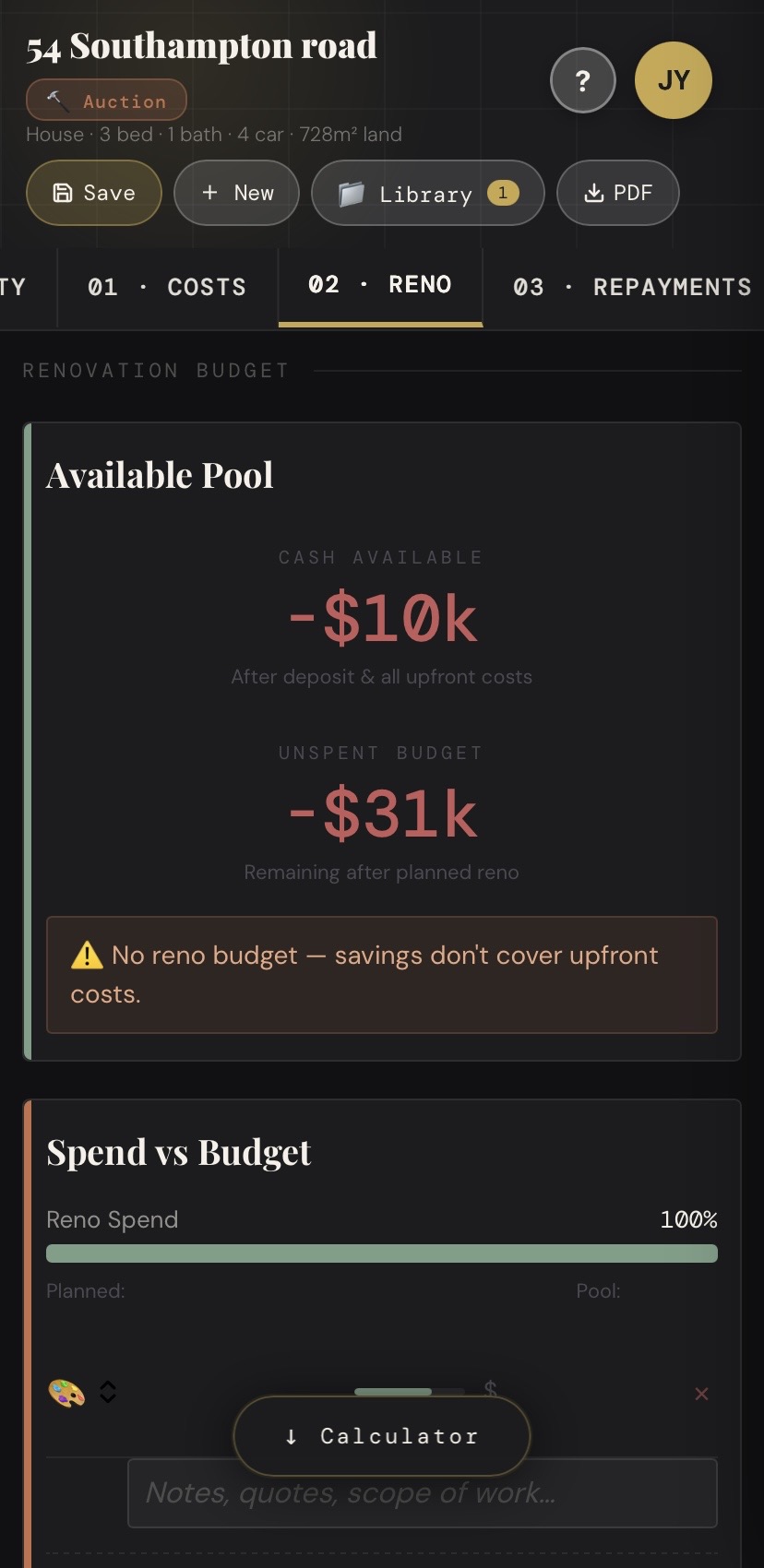 EquitySight mobile — renovation budget in dark mode