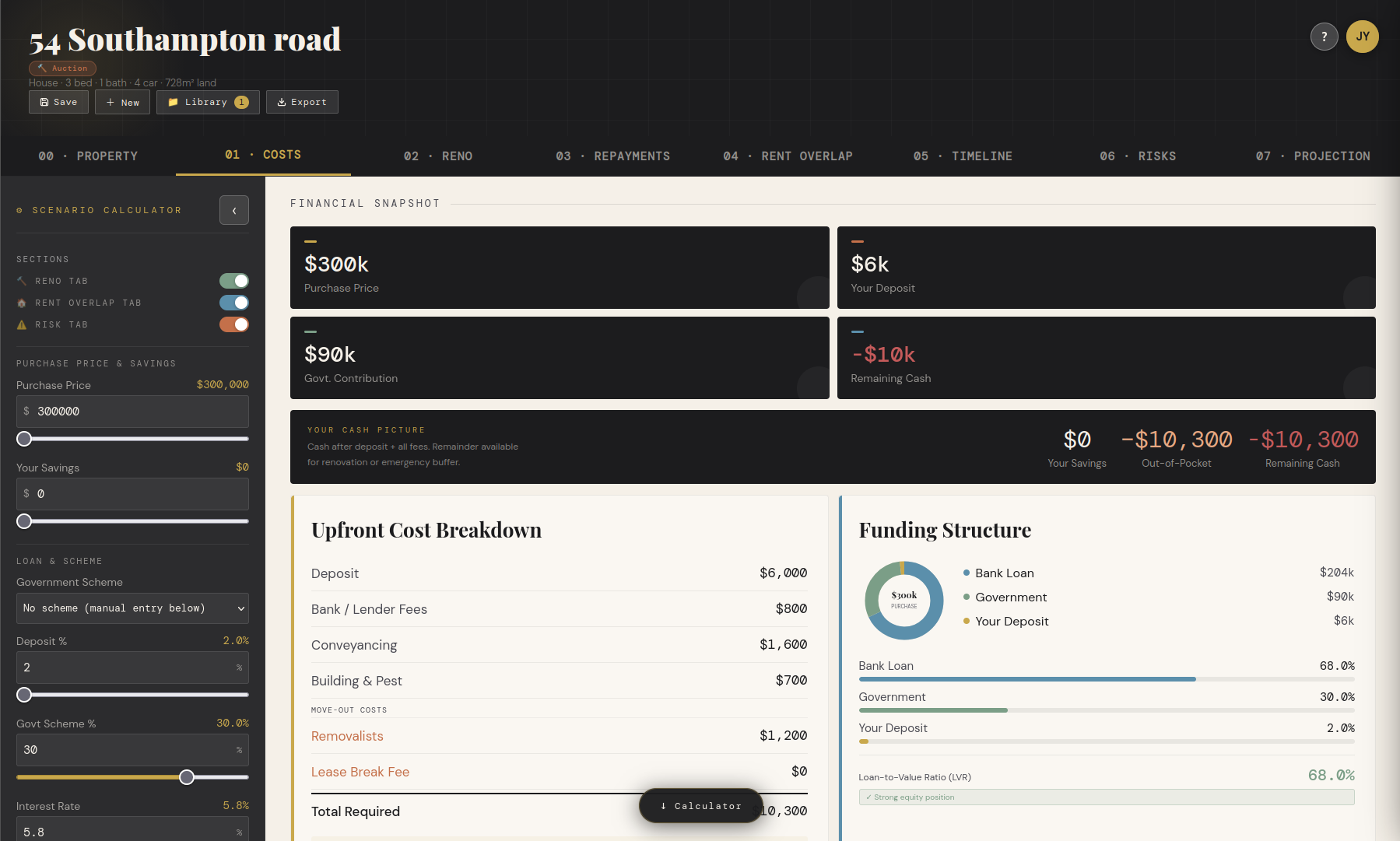 EquitySight desktop — costs breakdown tab